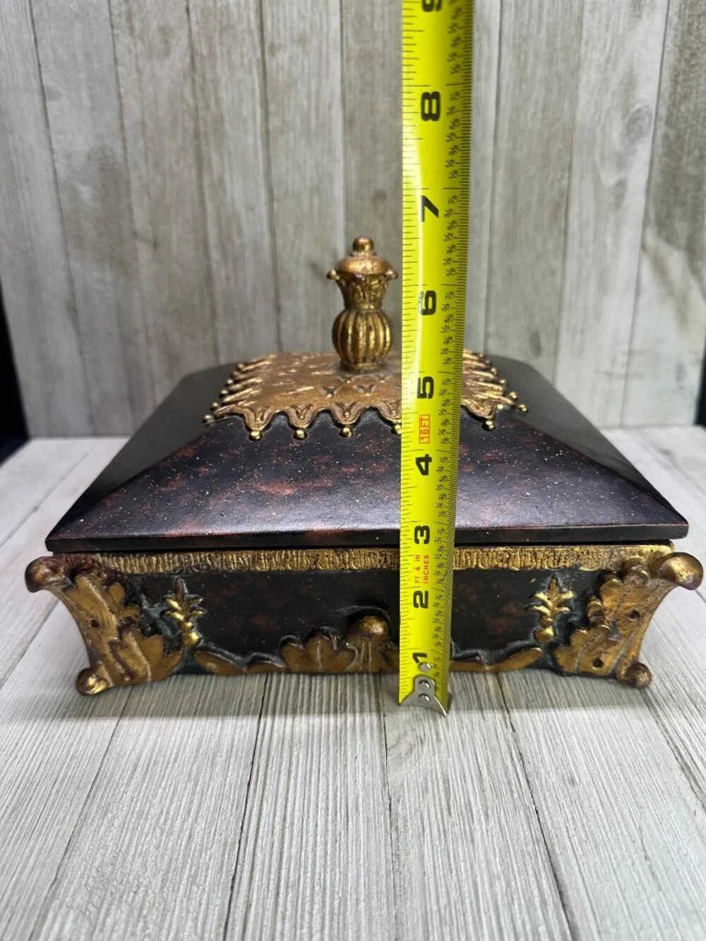 Vtg Decorative Jewelry Box Square w/ Gold Accents & Ornate Detailing 8.5